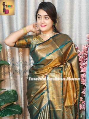 ‎🥻ম্যাচিং ব্লাউজ সহ কাঞ্জিভরম শাড়ি💚 Code -1001