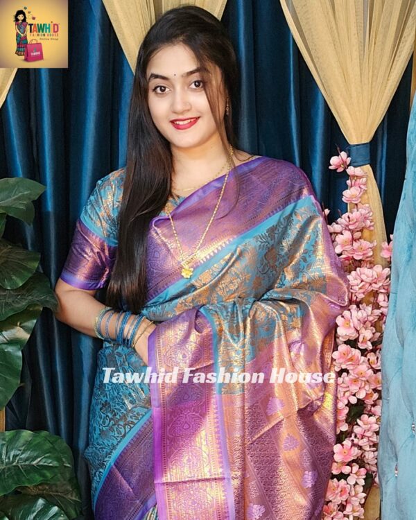 🥻 ম্যাচিং ব্লাউজ সহ কাঞ্জিভরম শাড়ি💙 Code -1002