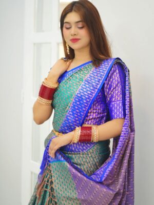 ‎🥻ম্যাচিং ব্লাউজ সহ কাঞ্জিভরম শাড়ি💚 Code -1007