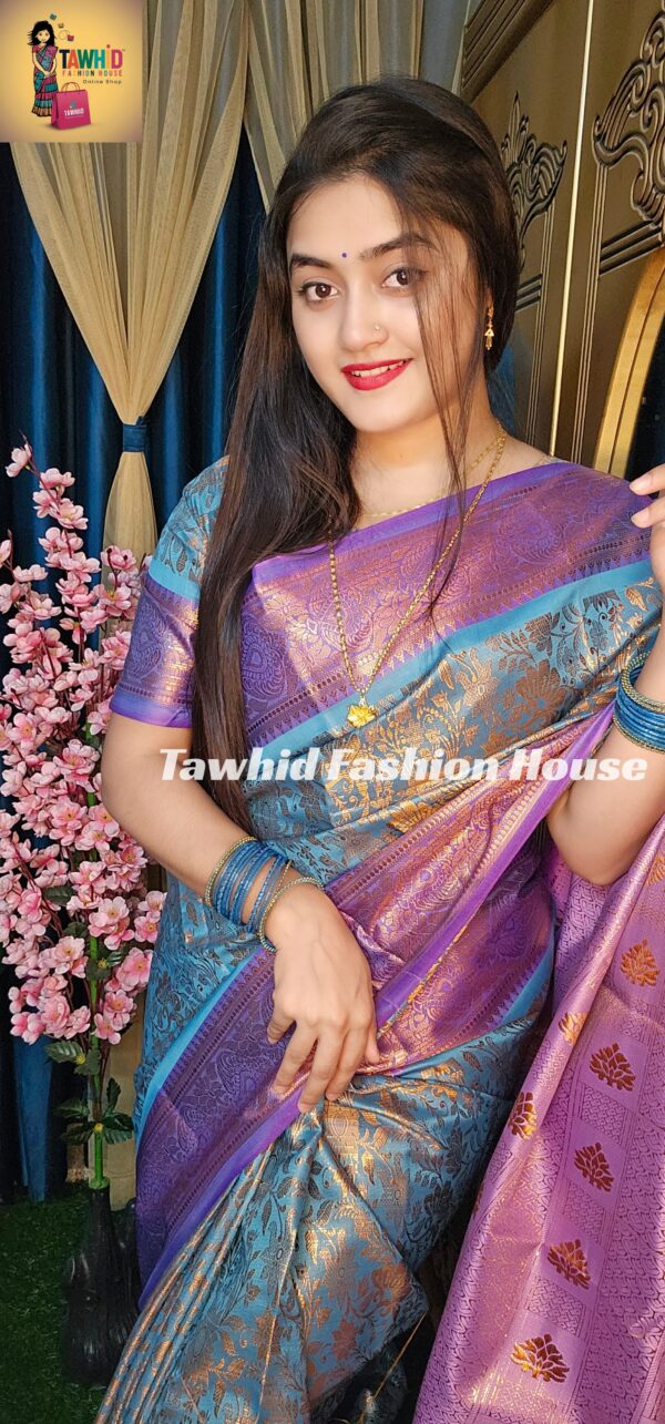🥻 ম্যাচিং ব্লাউজ সহ কাঞ্জিভরম শাড়ি💙 Code -1002 - Image 2