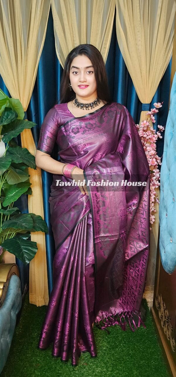 ‎🥻ম্যাচিং ব্লাউজ সহ কাঞ্চিভরম শাড়ি💜 Code -100-10 ‎ - Image 3