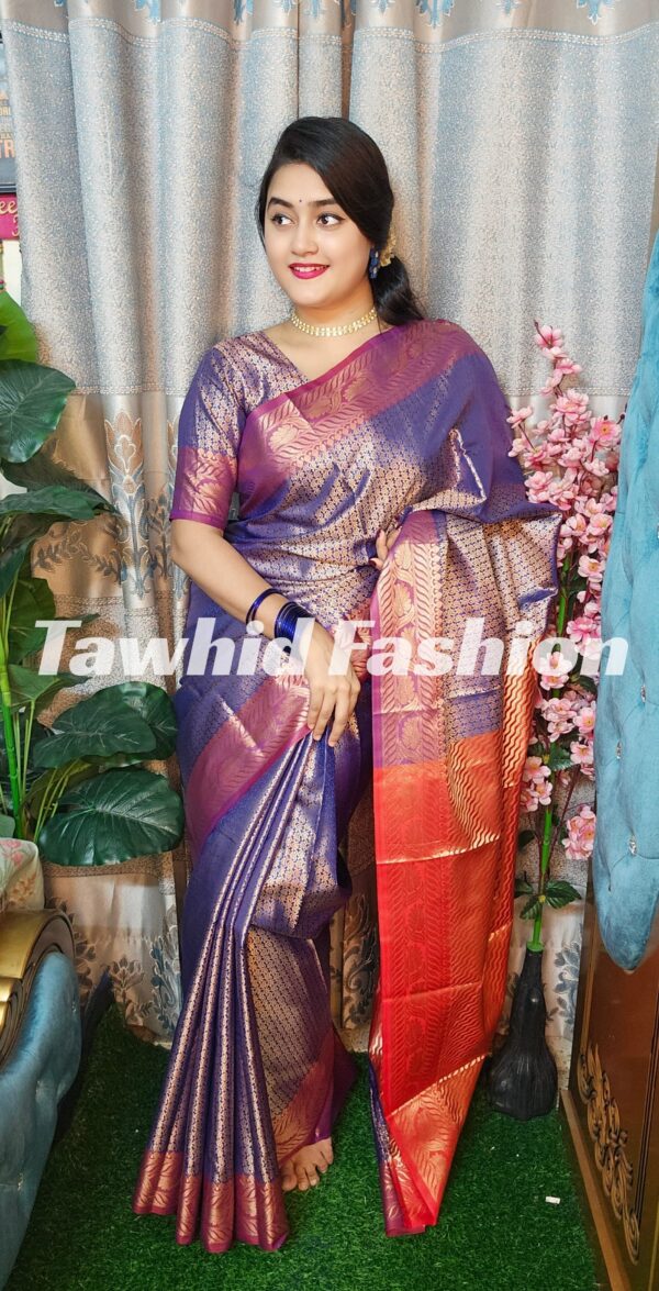 ‎🥻ম্যাচিং ব্লাউজ সহ কাঞ্চিভরম শাড়ি💙 Code -100-21 ‎ - Image 5